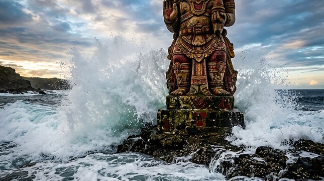 Hindu deity statue on rocky shore with crashing ocean waves