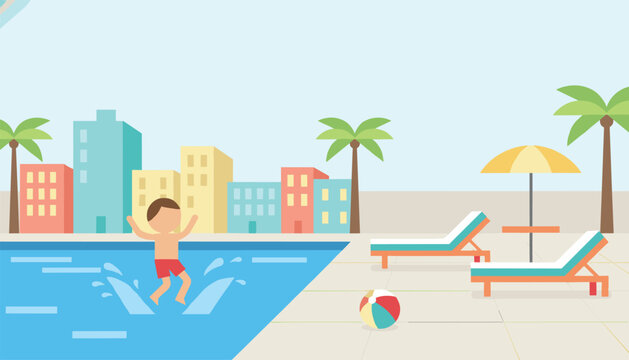 Young boy splashing into a blue swimming pool at a resort hotel with palm trees, lounge chairs, and city skyline.