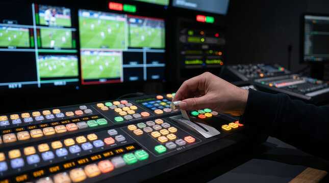 Close up shot of technician hand operating video switcher panel during live sports broadcast production in professional control room studio
