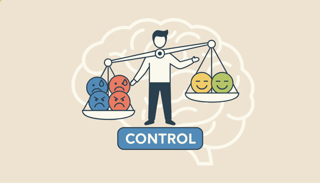 Conceptual illustration of a man balancing emotional scale inside a brain representing emotional self-control.