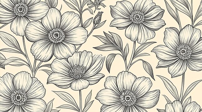 Elegant Hand-Drawn Floral Seamless Pattern Featuring Intricate Botanical Sketches on Cream Background