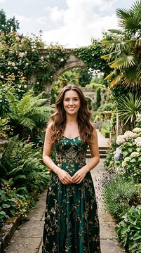 Elegant woman in green floral gown posing in a lush formal garden