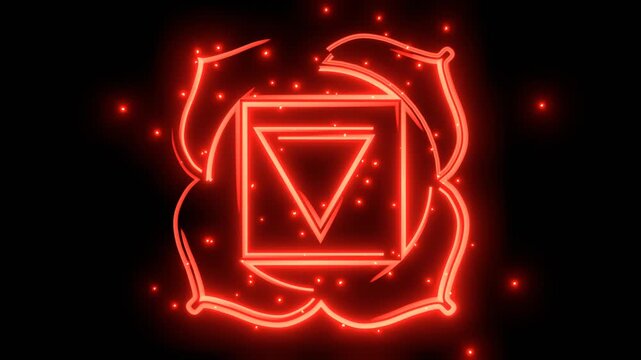 Muladhara icon glowing with energy and particles. Chakra radiating red light energy.