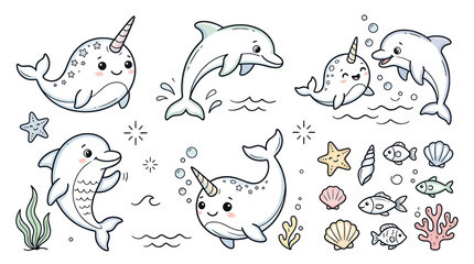 Cute Narwhals and Dolphins Cartoon Collection, Underwater Sea Life Illustration © Aziz