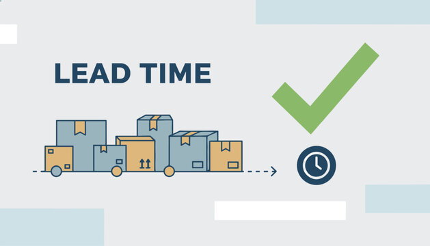 Lead time logistics concept illustration showing a truck carrying cargo boxes towards a clock with checkmark.