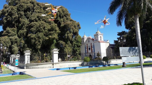 Town square in Oaxaca Mexico featuring a white colonial church, the famous Tule tree, colorful star-shaped pi&ntilde;atas hanging in the air, and a blue-trimmed fountain under a clear blue sky.