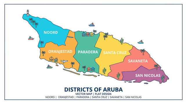 Colorful Vector Map of Aruba Districts with Icons - Flat Design