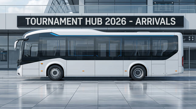 Side profile of a white electric shuttle bus parked in front of a modern airport arrivals terminal for a sports tournament event