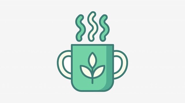 Minimalist Pixel Art Green Tea Cup With Leaf Icon And Steam Rising On A Neutral White Background