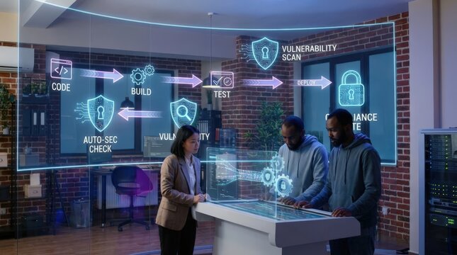 A team of tech professionals examining a holographic security automation interface in a DevSecOps environment, showcasing the integration of code build test and deployment workflows in real time.