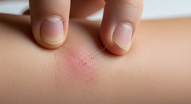 Close up of fingers squeezing a small red mosquito bite or skin inflammation mark on human arm skin.