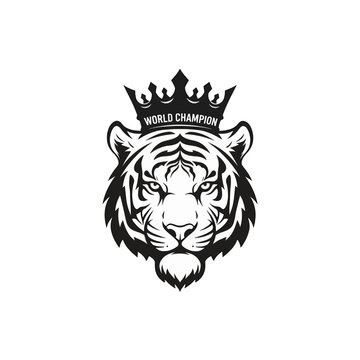 Black and white vector illustration of a tiger head wearing a crown with world champion text, sports mascot logo design isolated on a white background for branding and apparel.
