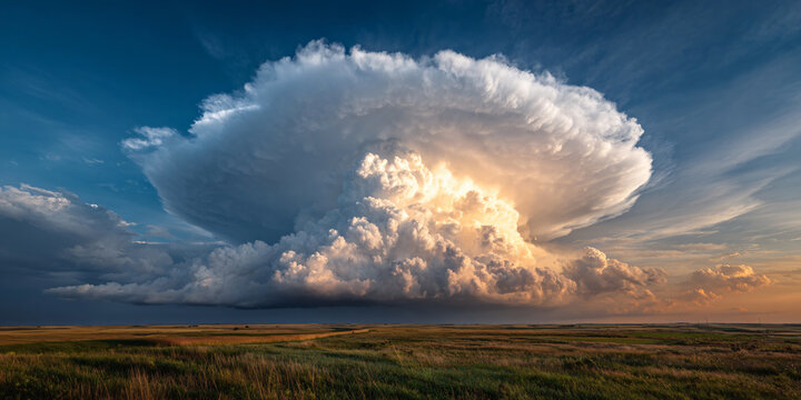 Massive Symmetrical Anvil Storm Cloud Over Grassy Plain