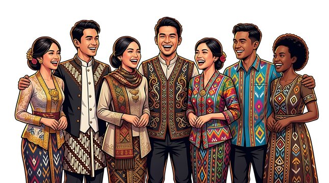 Diverse happy friends in traditional southeast asian ethnic attire