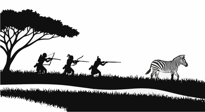 Black and white silhouette illustration of three ancient tribal hunters with bows and arrows stalking a zebra across an African savanna landscape with an acacia tree and grass.