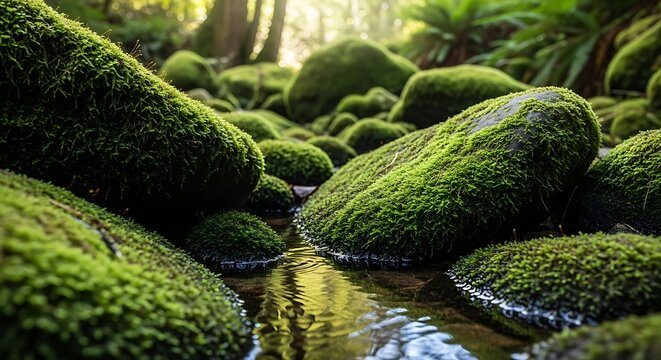 Vibrant green moss covered rocks in a peaceful forest stream