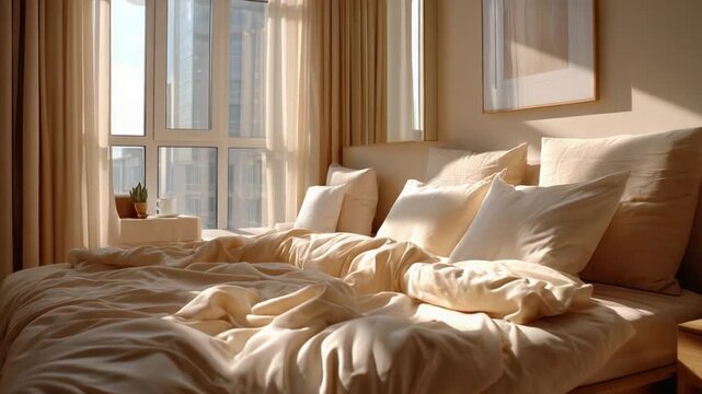 Cozy Bedroom Oasis: A beautifully made bed with crisp, clean linens invites relaxation in a sun-drenched room, creating a tranquil sanctuary.