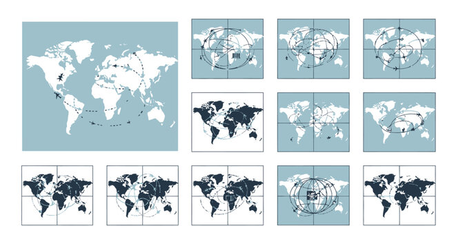 Collection of world map illustrations in various styles and colors.