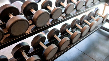 Naklejka premium Set of dumbbells lined up by size on metal gym rack. Sport equipment for weightlifting training in fitness studio. Bodybuilding and strength exercise concept