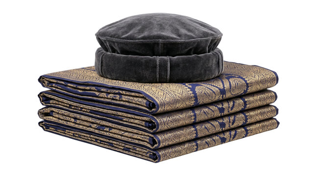 Traditional Pakol hat and folded prayer mat, Islamic religious accessories for prayer, cultural Afghan wool cap and patterned prayer rug isolated on Transparent Background