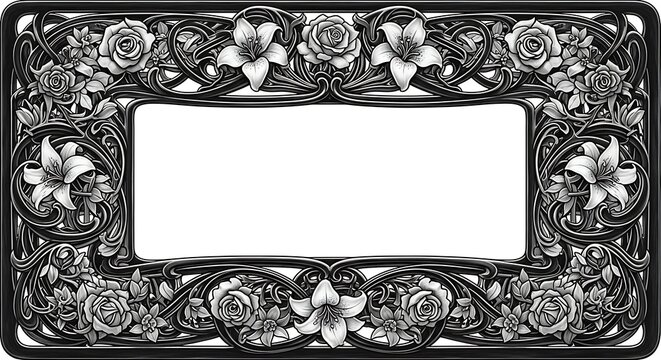 Ornate floral border frame with roses and lilies in grayscale