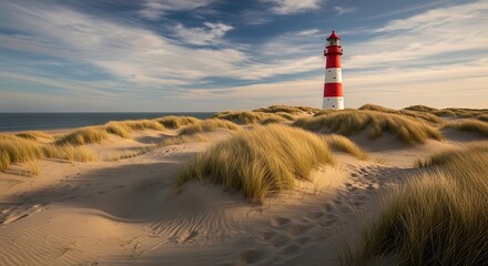 Red and white lighthouse standing on grassy sand dunes at sunset © Garina