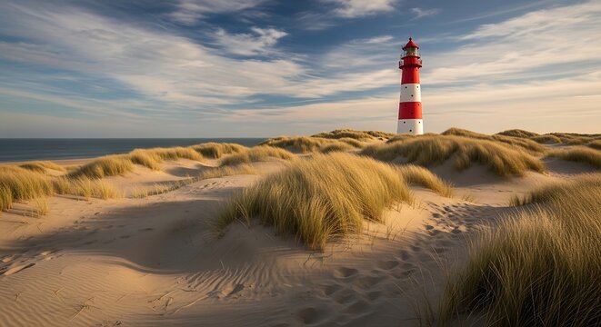 Red and white lighthouse standing on grassy sand dunes at sunset