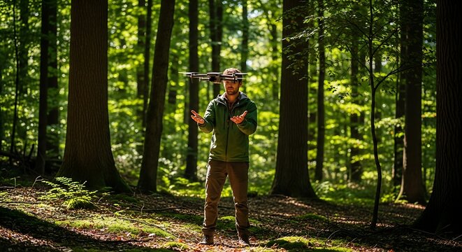 Man controlling a flying drone with hand gestures in a lush forest