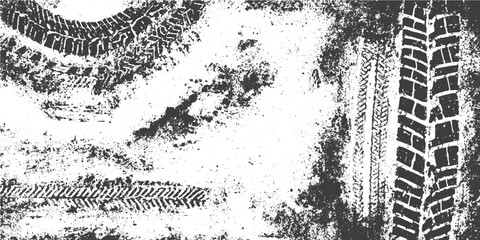 Vector Tire Track Texture with Grunge Mud Splatters and Distressed Tyre Tread Marks on White Background © M2L