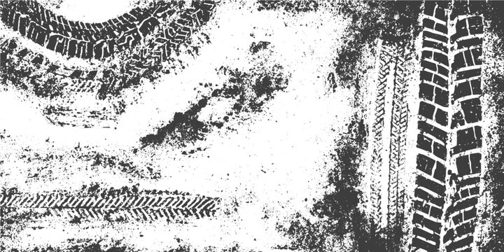 Vector Tire Track Texture with Grunge Mud Splatters and Distressed Tyre Tread Marks on White Background