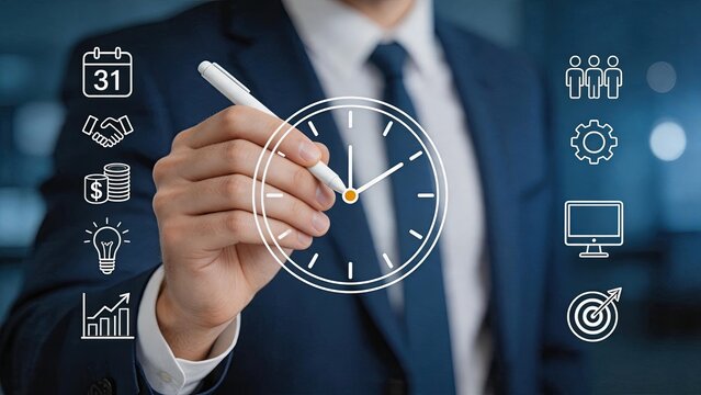 Business time management strategy planning, executive drawing clock icon with pen, financial growth charts, team collaboration and goal setting concepts for corporate success and