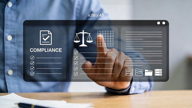 Hand touching virtual compliance interface screen with checklist and legal scales, digital document management system, interactive technology for regulatory adherence and