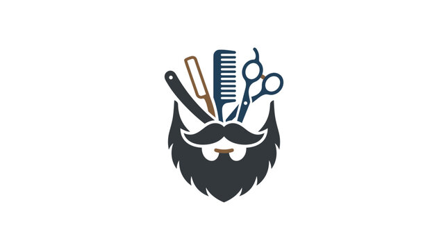Barber Shop Logo with Beard and Hairdressing Tools