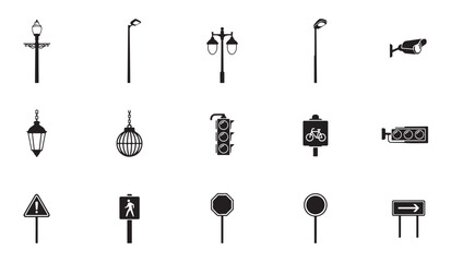 Set of street lights, traffic signals, security camera and road signs black silhouette icons. © MDIKRAM