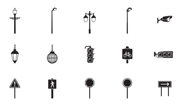 Set of street lights, traffic signals, security camera and road signs black silhouette icons.
