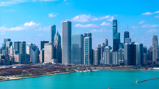  Aerial View of Downtown Chicago Skyline with Lake Michigan on a Clear Blue Sky Day, Illinois, USA&rdquo;