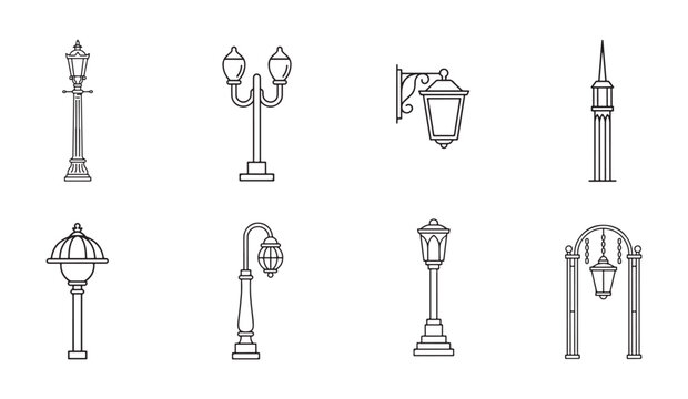 Outline icons of various vintage and modern street lampposts for landscape design.