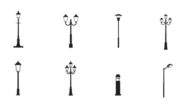 Selection of street lamp silhouettes showing diverse pole lighting fixtures for city streets.