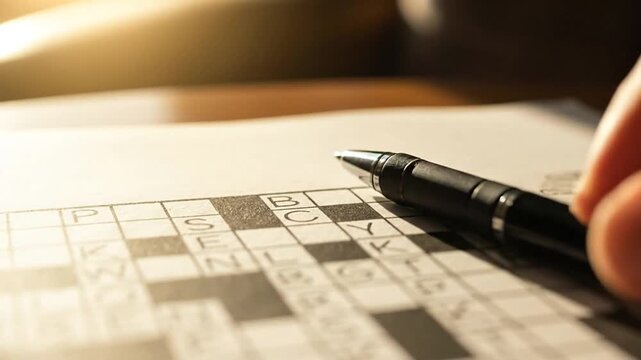 Close-up of a pen resting on a crossword puzzle, illuminated by warm light, symbolizing intellectual challenge and leisure.