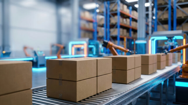 E commerce growth trends drive automation in warehouse packaging with robotic arms efficiently handling cardboard boxes on conveyor belts