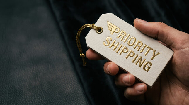 Priority shipping tag held by hand on dark background e commerce growth trends concept for fast delivery service