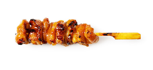 Single Japanese Yakitori Chicken Skin Skewer with Soft Shadow Isolated on White Background