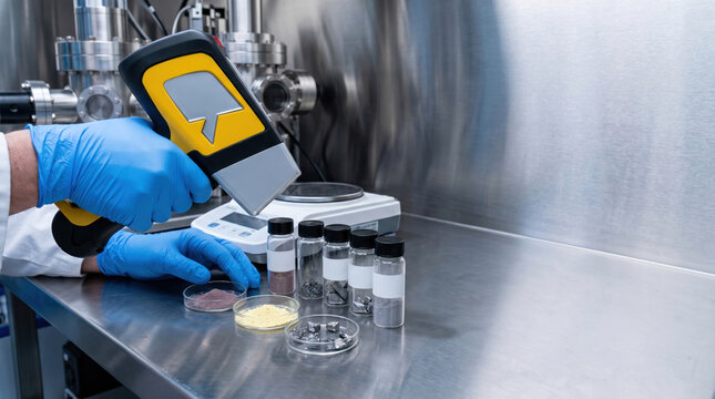 Scientist using handheld analyzer to test rare earth elements in laboratory with metal table and glass containers