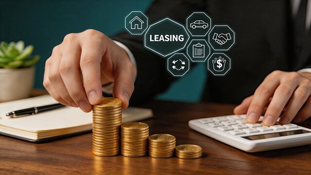 Financial consultant calculating leasing costs with calculator and stacking gold coins, managing assets like houses and cars for investment and business growth strategy.