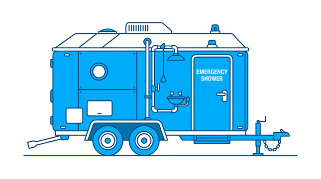 Portable Emergency Shower Unit, Mobile Decontamination Trailer, Blue Line Art