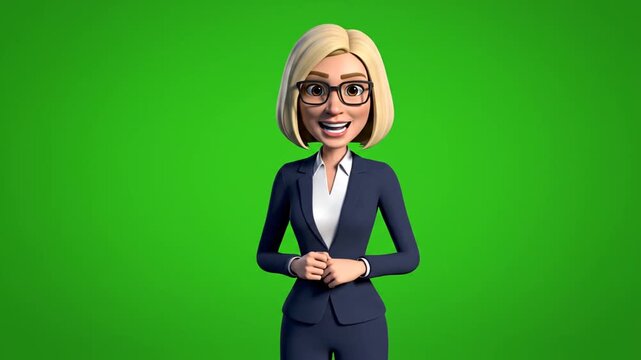 Female 3D avatar in business suit gesturing on green.