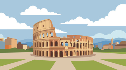 Fototapeta premium Colosseum Illustration With Scenic Background And Simplified Architectural Details