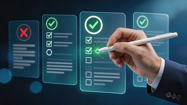 Hand checking boxes on a futuristic digital checklist interface, approval process, task management, verification, compliance audit, quality control, decision making, selecting
