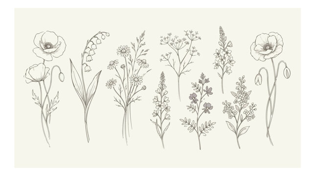 Minimalist wildflower line art collection, hand drawn botanical sketches, 9 floral vector elements for wedding invitations and branding