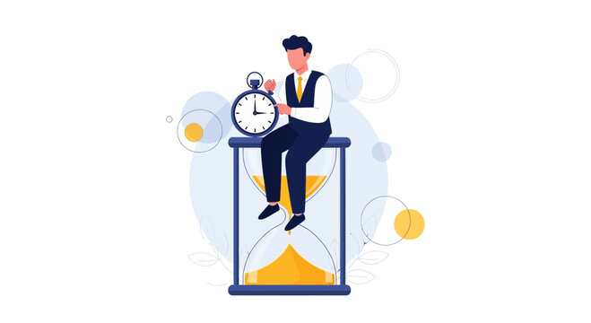 Businessman sitting on hourglass with stopwatch, concept of time management, deadline, business efficiency, and punctuality